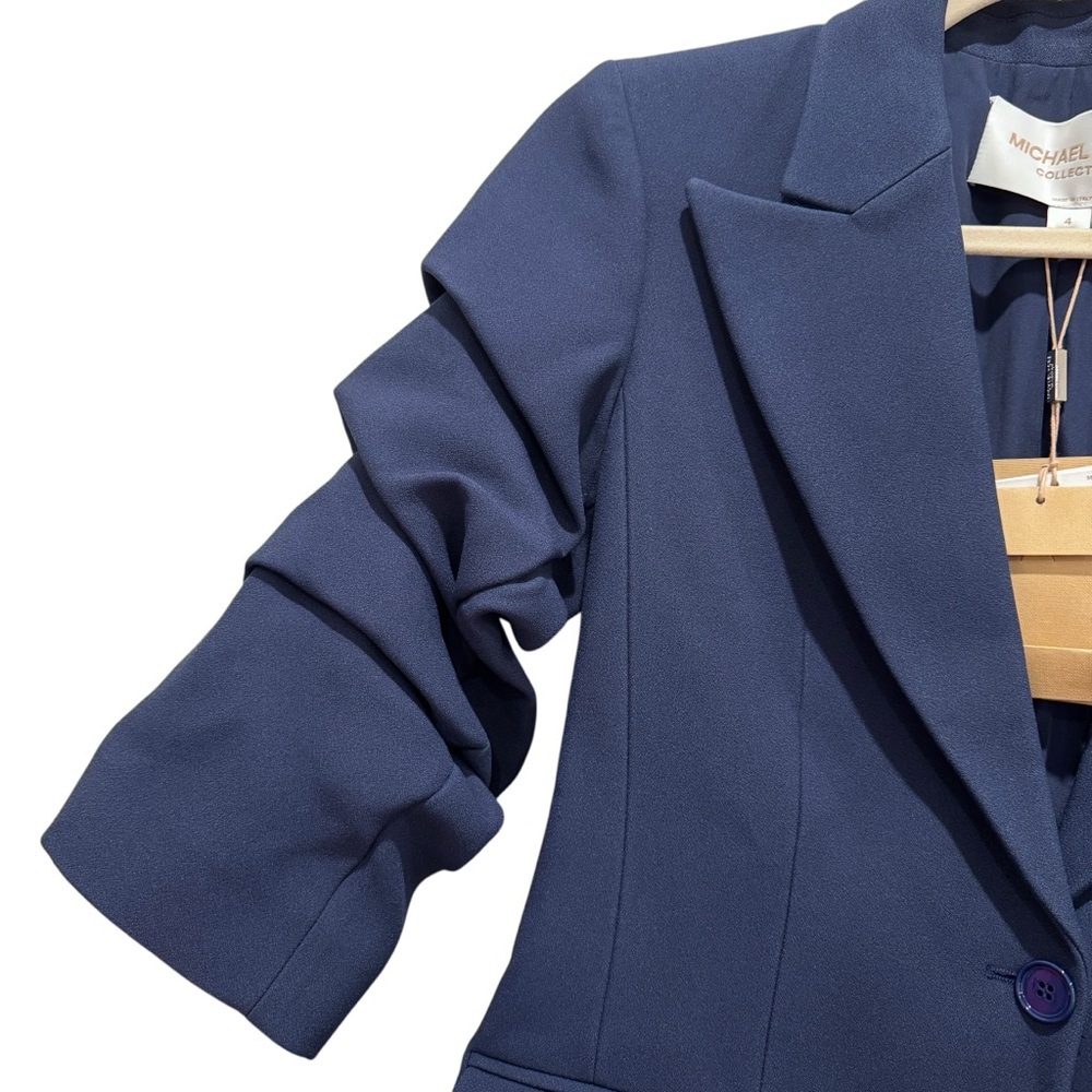 NWT Michael Kors Collection Cate Crush-Sleeve Blazer Preppy Designer Navy Sz 4 - Picture 4 of 16